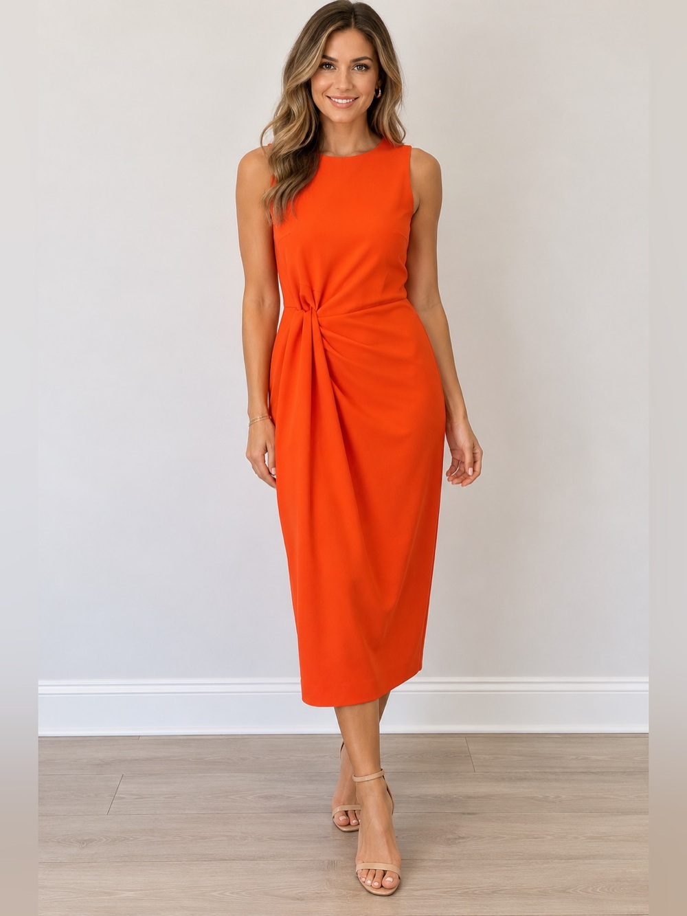Ann Taylor Bright Orange Sleeveless Midi Dress with Twist Waist – Size 0P